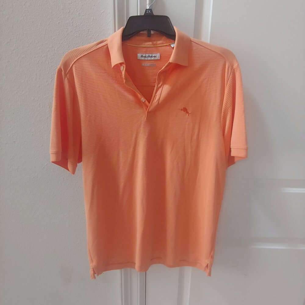 Tommy Bahama Polo Shirt Mens Medium Orange Striped Island Zone Short Sleeve Logo - Picture 3 of 3